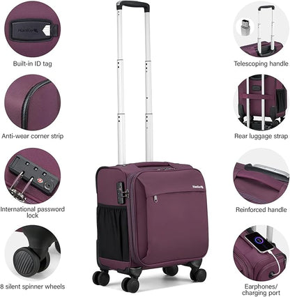 Hanke 16 Inch Underseat Carry On Luggage with Wheels Small Suitcase Softside Luggage Bags for Travel Lightweight Suitcases with Wheels Travel Luggage Personal Item for Men and Women.(Purple)