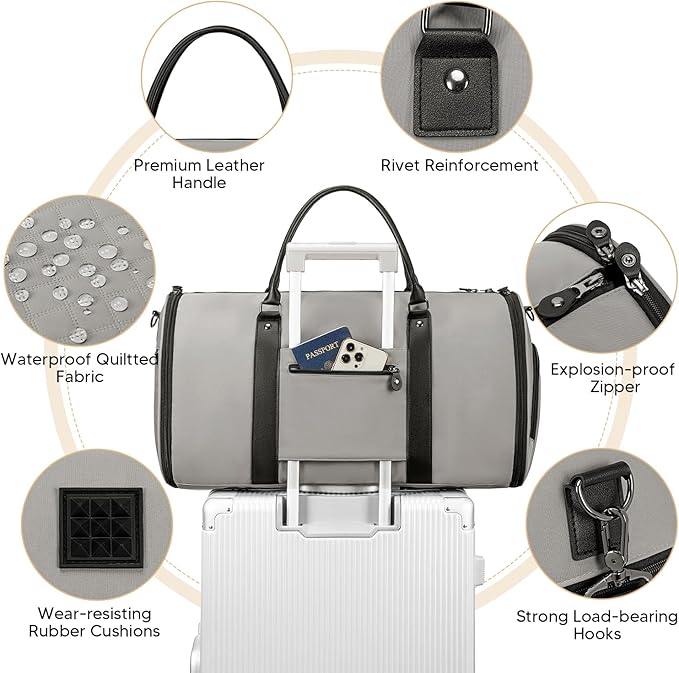 Garment Bag for Airplane Travel, Carry On Garment Duffle Bags for Women, 2 in 1 Travel Suit Bag with Shoes Compartment Carry on Bag Hanging Garment Bag Travel with Shoulder Strap,Grey