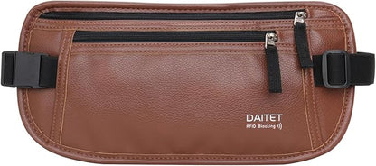 PU Leather Money Belt - Passport Holder Secure Hidden Travel Wallet with RFID Blocking, Undercover Fanny Pack(Brown)