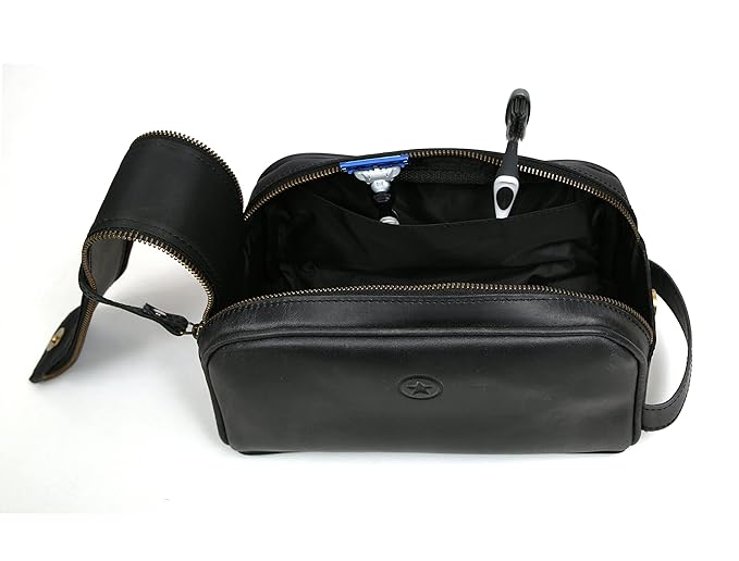 10" Premium Leather Toiletry Travel Pouch With Waterproof Lining Black Color | King-Size Handcrafted Vintage Shaving Kit By Aaron Leather Goods (Florida Black)