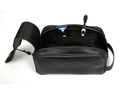 10" Premium Leather Toiletry Travel Pouch With Waterproof Lining Black Color | King-Size Handcrafted Vintage Shaving Kit By Aaron Leather Goods (Florida Black)