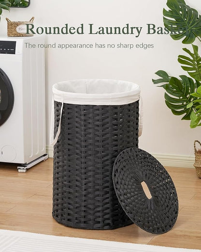 Large Laundry Hamper Laundry Basket Round 34.3 Gal (130 L) Handwoven Wicker Laundry Baskets Rattan Laundry Basket with Laundry Bag Handles 2 Mesh Bags for Living Room Bedroom Black