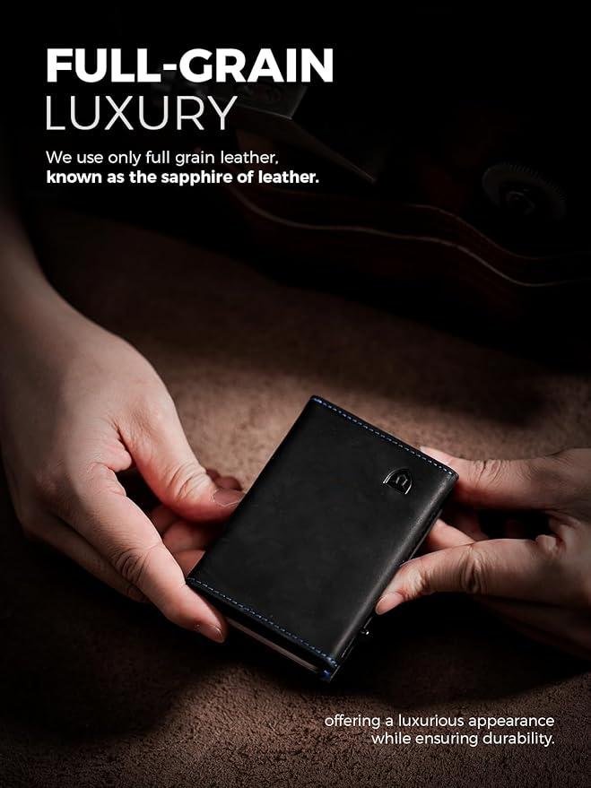 LORZOR Minimalist Wallet for Men with Credit Card Holder, Finest Full Grain Leather, Pop up Smart Wallet, Trifold Slim Wallet, RFID Blocking, Front Pocket, ID Window