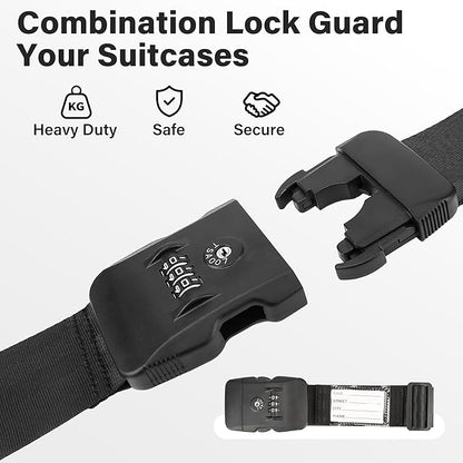 Luggage Straps, TSA Approved Luggage Strap Belt with Combination Lock for Suitcases, 2 Pack Heavy Duty Adjustable Black Cross Suitcase Straps with Name Tags for Travel, Carry On Bags, Protect