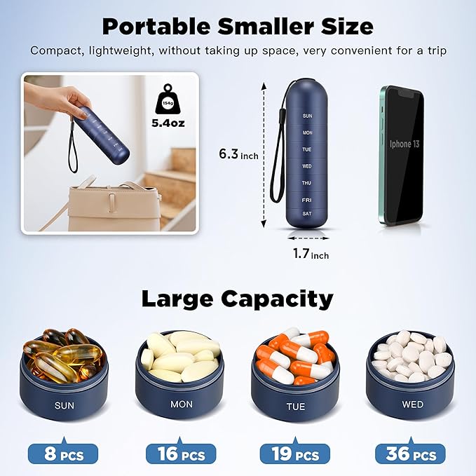 [2 Pack] Zannaki Metal Travel Pill Organizer, Portable Waterproof Weekly Pill Box, Large Aluminum Alloy Pill Case Container, BPA Free 7 Day Daily Medicine Organizer Holder for Vitamin, Supplement