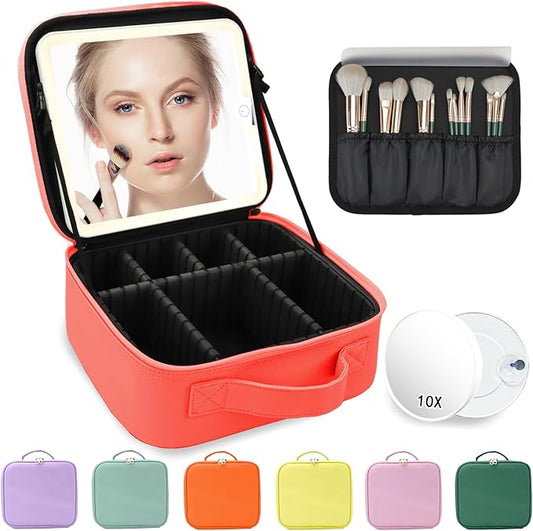 Travel Makeup Bag for Makeup Artists Large Makeup Case,with Mirror 3 Color Setting and Detachable 10x Magnifying Mirror Travel Makeup Bag,Portable Storage and Adjustable Dividers（red）