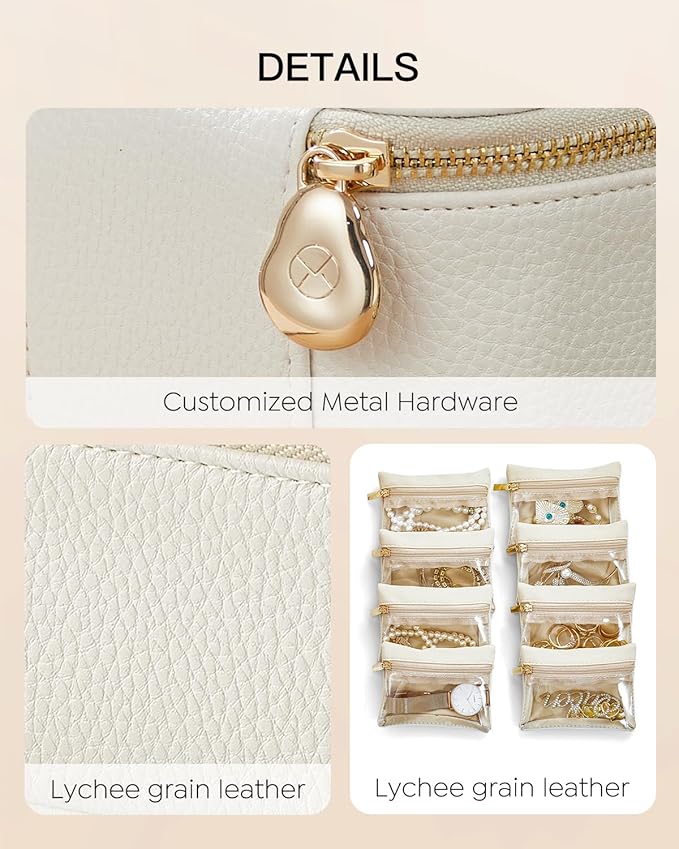 Vlando Travel Jewelry Case with 8 Velvet Jewelry Bags Jewelry Travel Organizer Box for Girls Jewelry Box for Rings Earrings Christmas Anniversary Birthday Gifts for Women (White)