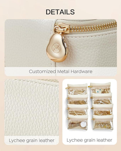 Vlando Travel Jewelry Case with 8 Velvet Jewelry Bags Jewelry Travel Organizer Box for Girls Jewelry Box for Rings Earrings Christmas Anniversary Birthday Gifts for Women (White)