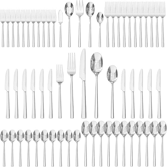 KINGSTONE 65-Piece Silverware Set with Serving Utensils, Forged Flatware Set Cutlery Set Premium Stainless Steel, Service for 12, for Home, Wedding, Party, Mirror Polished and Dishwasher Safe