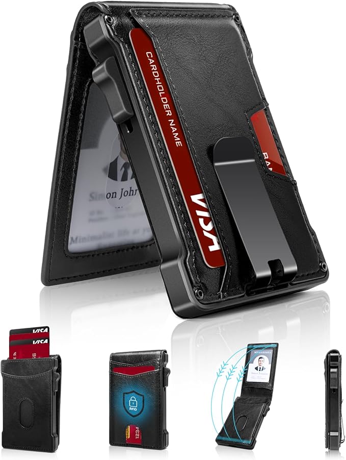 MNGARISTA Wallet for Men,Slim Minimalist Bifold Wallet with RFID Blocking,Pop-Up Credit Card Holder with ID Window & Money Clip,Magnetic Flip Metal Wallet for 11-13 Cards,Gifts for Men-Black