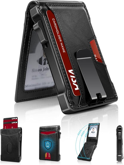 MNGARISTA Wallet for Men,Slim Minimalist Bifold Wallet with RFID Blocking,Pop-Up Credit Card Holder with ID Window & Money Clip,Magnetic Flip Metal Wallet for 11-13 Cards,Gifts for Men-Black