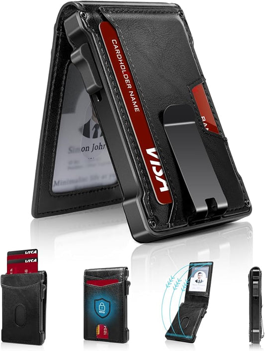 MNGARISTA Wallet for Men,Slim Minimalist Bifold Wallet with RFID Blocking,Pop-Up Credit Card Holder with ID Window & Money Clip,Magnetic Flip Metal Wallet for 11-13 Cards,Gifts for Men-Black