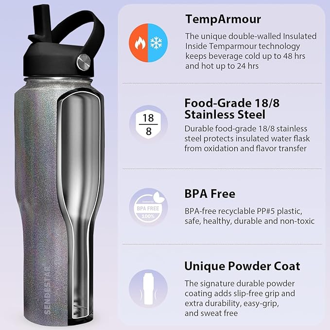 SENDESTAR 40oz Stainless Steel Water Bottle(Cold for 48 Hrs, Hot for 24 Hrs),Double Wall Vacuum Insulated Bottle with Straw Lid, Spout Lid and Flex Cap, Fit in Any Car Cup Holder,Laser Grey