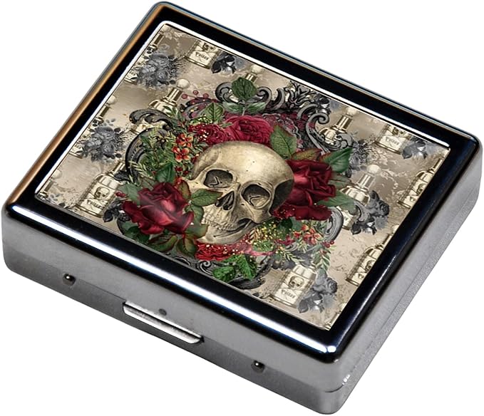 7 Days Chromed Shiny Silver Pill Organizer with Mirror Inside Has 8 Separate Compartments Rectangle Cute Travel Pill Organizer for Purse 7 Days (Flower Skull)