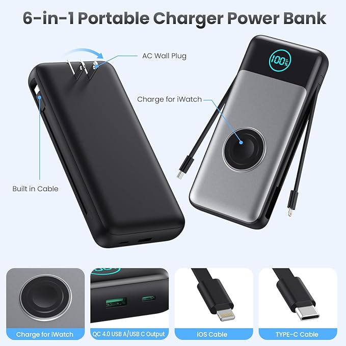 Portable Charger for iPhone with Built-in Cables and AC Wall Plug,Upgraded 26800mah Fast Charging USB C Power Bank,25W PD Travel Essential Battery Pack for iPhone 17/16/15/14/13,Galaxy,Apple Watch