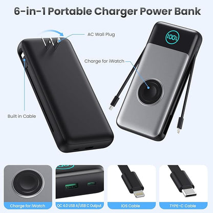 Portable Charger for iPhone with Built-in Cables and AC Wall Plug,Upgraded 26800mah Fast Charging USB C Power Bank,25W PD Travel Essential Battery Pack for iPhone 17/16/15/14/13,Galaxy,Apple Watch