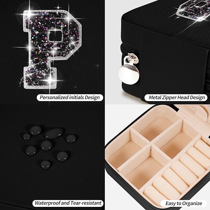 Travel Jewelry Case - Personalized Jewelry Box for Women,Small Jewelry Organizer Cute Jewelry Organizers and Storage Aesthetic,Travel Essentials Birthday Gifts for Girls Women | Black,P