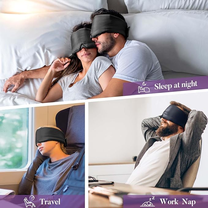 Satin Sleep Mask - Updated Design Light Blocking Eye Mask for Men and Women, Soft and Comfortable Night Sleeping Mask, Eye Cover for Travel/Sleeping (Black)