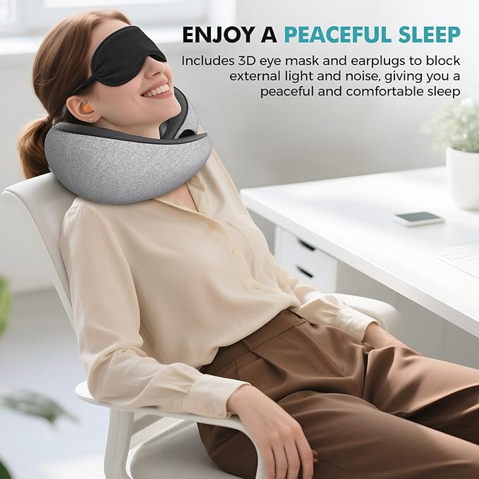 Travel Neck Pillows for Airplanes - 360° Ergonomic Memory Foam Travel Pillow - Relief Neck Pain with Breathable Support for Long Flights, Car, Train & Office Use - Adults & Kids (Gray)