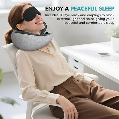 Travel Neck Pillows for Airplanes - 360° Ergonomic Memory Foam Travel Pillow - Relief Neck Pain with Breathable Support for Long Flights, Car, Train & Office Use - Adults & Kids (Gray)