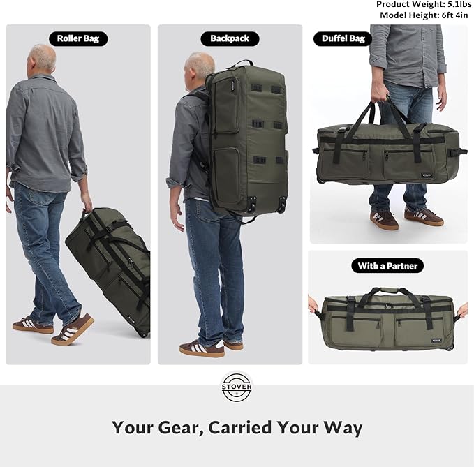 STOVER 100L U-Zip Rolling Duffel Bag with Wheels, X-Large Durable Travel Duffle + Toiletry Bag, Heavy Duty, Lay-Flat Opening, Packable w/Shoulder Straps- Use as Luggage or Backpack, Men/Women (Green)