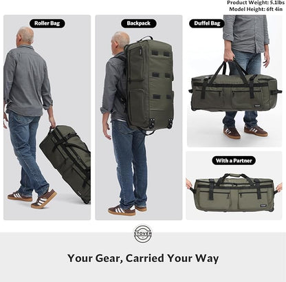 STOVER 100L U-Zip Rolling Duffel Bag with Wheels, X-Large Durable Travel Duffle + Toiletry Bag, Heavy Duty, Lay-Flat Opening, Packable w/Shoulder Straps- Use as Luggage or Backpack, Men/Women (Green)