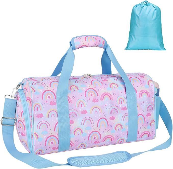 Bagseri Duffel Bags for Kids - Girls Dance Ballet Bag, Waterproof Sports Gymnastics Bag for Travel Overnight with Shoe Compartment and Dry Wet Separation Pockets (Light Purple Blue Rainbow)