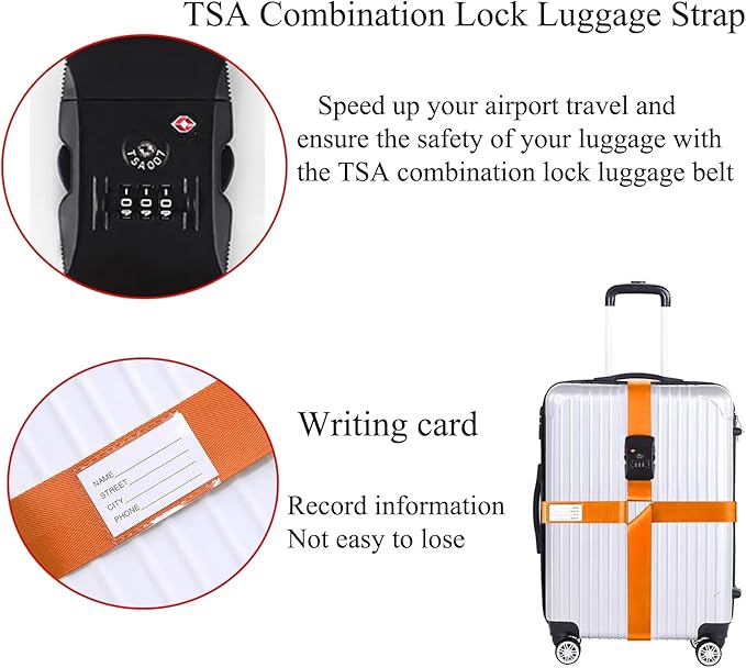 Luggage Straps for Suitcases TSA Approved Heavy Duty Adjustable Travel Belt Cross Suitcase Belts Luggage Tags with Name ID Card Travel Accessories Fit for 20-32 Inch Suitcase (Orange)