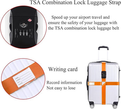 Luggage Straps for Suitcases TSA Approved Heavy Duty Adjustable Travel Belt Cross Suitcase Belts Luggage Tags with Name ID Card Travel Accessories Fit for 20-32 Inch Suitcase (Orange)