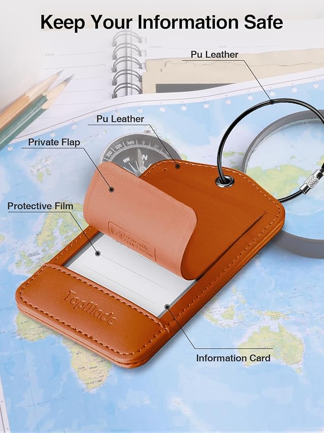 TopMade Smart Luggage Tag with Find My, Premium Leather Luggage Tags for Suitcase, Travel Bags, Backpacks, Anti-Lost Suitcase Tag Tracker for Travel with Privacy Name Card, Rechargeable