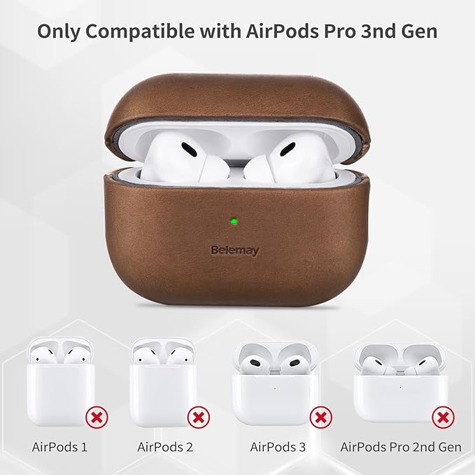 Belemay Handcrafted Crazy Horse Leather Case for AirPods Pro 3rd Gen (2025), Vintage Aesthetic, Two-Tone Effect, Unique Patina, Compatible with MagSafe, Compatible with Airpods Pro 3, Vintage Brown