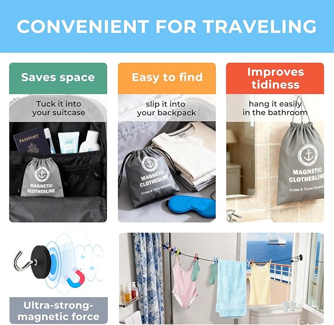 Magnetic Clothesline for Cruise Ship Cabin Approved – Non-Scratch Rubber-Coated Magnets with 12 Clips & Waterproof Storage Bag, Portable Travel Clothes Line, Cruise Essentials 2025