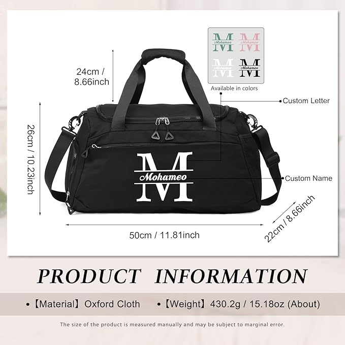 Personalized Travel Duffel Bag with Name - Custom Letter Oxford Cloth Gym Bag with Shoes & Wet Pockets Sport Bag Weekender Overnight Bag for Traveling for Women Men Gift for Christmas Groomsman Brides