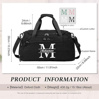 Personalized Travel Duffel Bag with Name - Custom Letter Oxford Cloth Gym Bag with Shoes & Wet Pockets Sport Bag Weekender Overnight Bag for Traveling for Women Men Gift for Christmas Groomsman Brides