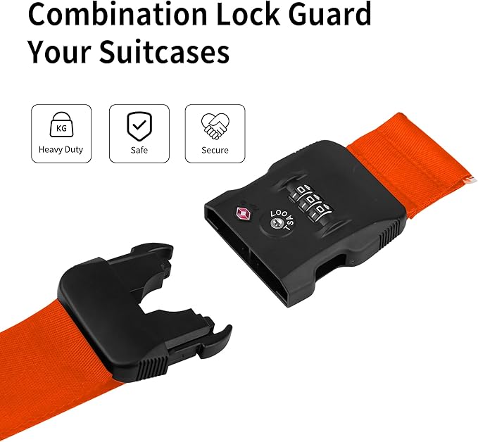 Luggage Straps, Orange TSA Approved Cross Luggage Strap Belt with Combination Lock for Suitcases, 1 Pack Adjustable Heavy Duty Cross Style Suitcase Straps with Name Tags for Travel, Carry On Bags