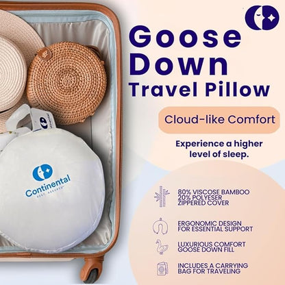 Continental Bedding - Travel Neck Pillow - U Shaped - White Down Fill - Removable Gray Viscose Derived from Bamboo Cover in Travel Case