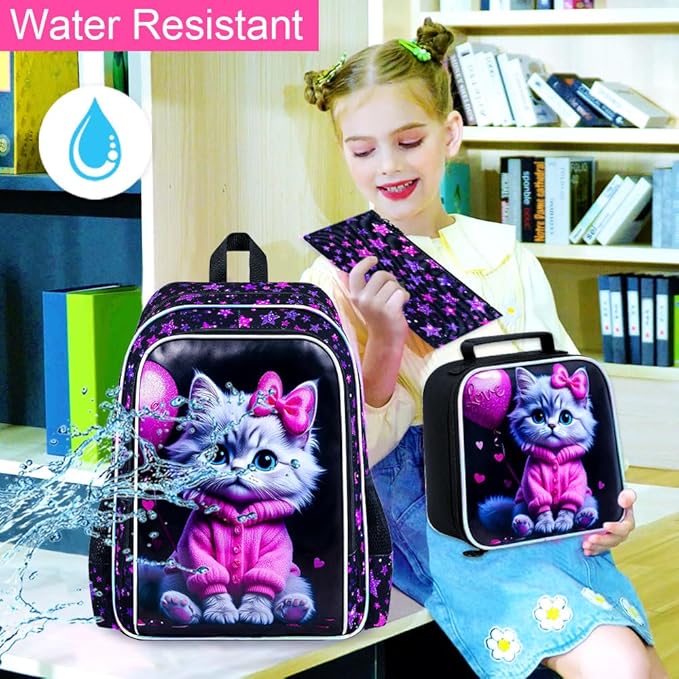 WZLVO 3PCS Girls Cat Bookbag Set, 16" Glittery UV Printing Kids Backpack/School Bag with Lunch Box & Pencil Bag for Preschool to Elementary - Pink Well-Behaved Cat