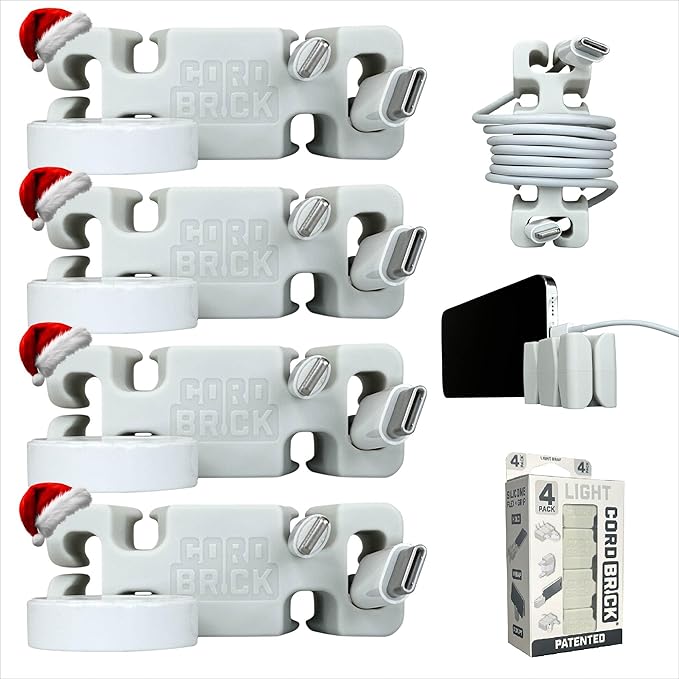 CordBrick Stocking Stuffers for Adults Cord Management Weighted Cord Holder Cable Wrap Phone Stand - Multiuse Gadget Organizer for Nightstand, Desk. Gift for Men, Durable Silicone. 4pk Light Gray