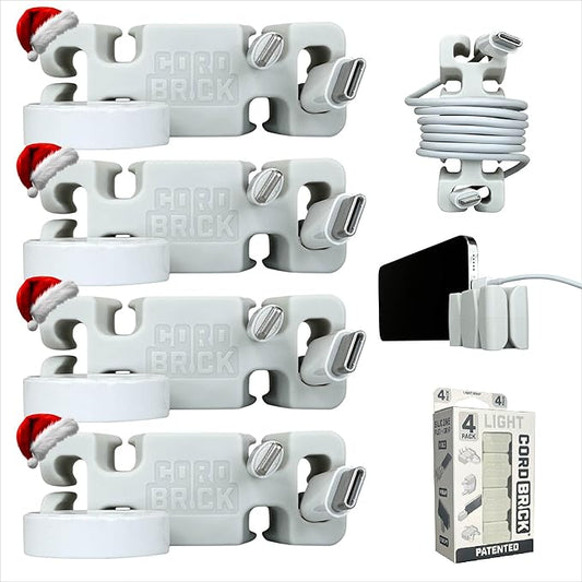 CordBrick Stocking Stuffers for Adults Cord Management Weighted Cord Holder Cable Wrap Phone Stand - Multiuse Gadget Organizer for Nightstand, Desk. Gift for Men, Durable Silicone. 4pk Light Gray