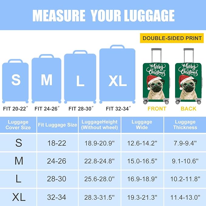 Christmas Pug Luggage Cover, Washable Suitcase Cover, Travel Suitcase Protector Anti-scratch Bag cover, S