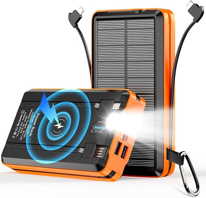Portable Charger Solar Power Bank 52800mAh 5V/3A Fast Charging Battery Pack with Built in 4 Cables 2 Outputs & LED Flashlight for Cell Phone Camping and Hiking