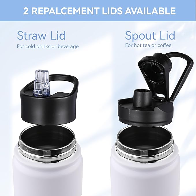 HASLE OUTFITTERS Insulated Water Bottle 22 oz Double Wall Stainless Steel Water Bottle Wide Mouth with Straw Lid & Spout Lid Keeps Cold or Hot(White,4)