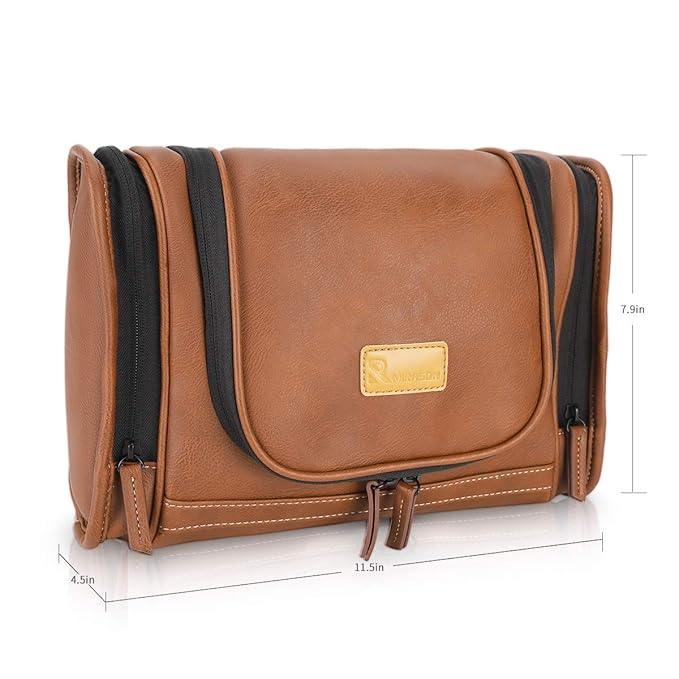 MIRASON Travel Toiletry Bag, Hanging Toiletry Bag for Men, Leather Travel Shower Bag for Toiletries Dopp Kit Bathroom Bag with Metal Hook, Gift for Men (Brown)