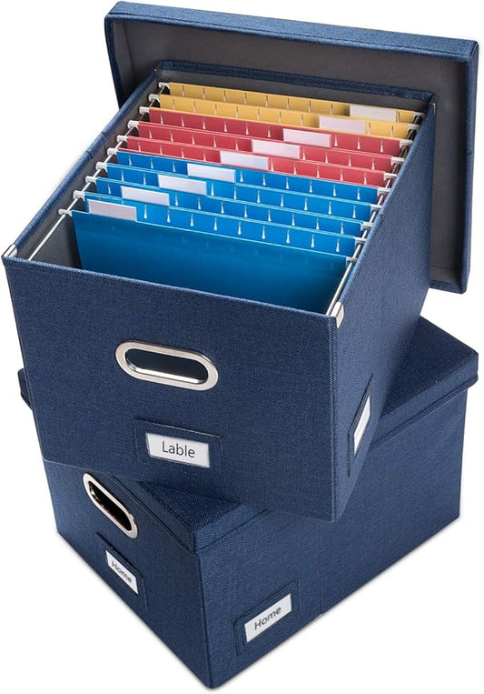 PRANDOM File Organizer Box - Set of 2 Collapsible Decorative Linen Filing Storage Hanging File Folders with Lids Office Cabinet Letter/Legal Size Navy Blue (17x14x11.2 inch)