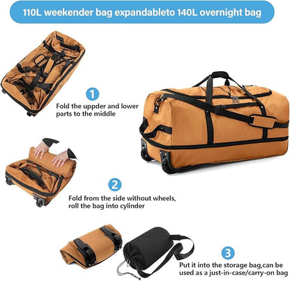 Vomgomfom Wheeled Collapsible Duffel Bag,110L-140L Expandable Checked Luggage, No-Telescopic-Handle with Anti-Burst Zipper & Reinforced Frame,Brown