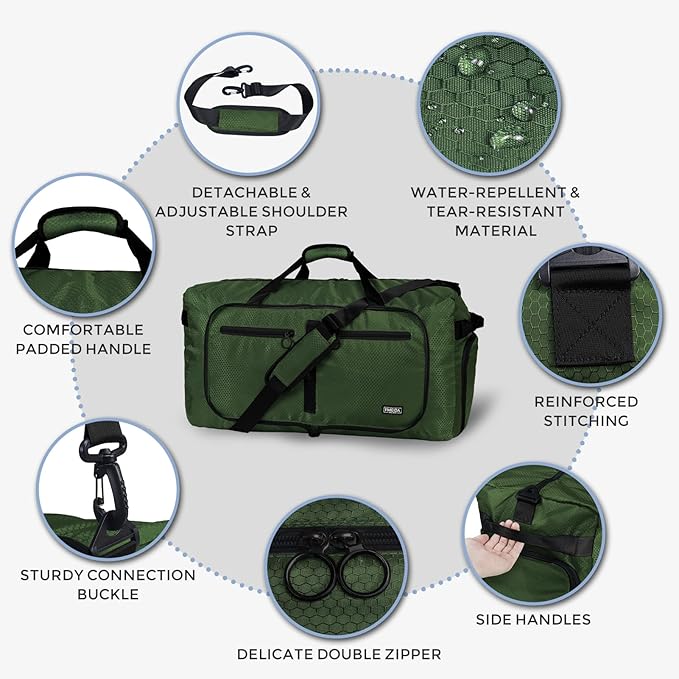 Fmeida 65L Duffle Bag with Shoes Compartment, Foldable Travel Duffel Bags for Men Women, Large Packable Travel Bag Water Repellent & Tear Resistant (Green)