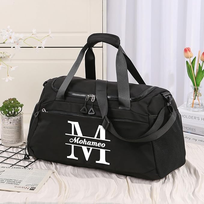 Personalized Travel Duffel Bag with Name - Custom Letter Oxford Cloth Gym Bag with Shoes & Wet Pockets Sport Bag Weekender Overnight Bag for Traveling for Women Men Gift for Christmas Groomsman Brides