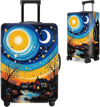 Starry Night Luggage Cover – Artistic Travel Suitcase Protector with Moon and Village Landscape Design, Elastic Washable Luggage Cover for 28''–30'' Suitcase,L