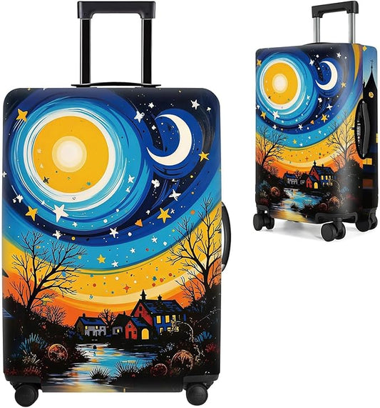 Starry Night Luggage Cover – Artistic Travel Suitcase Protector with Moon and Village Landscape Design, Elastic Washable Luggage Cover for 28''–30'' Suitcase,L