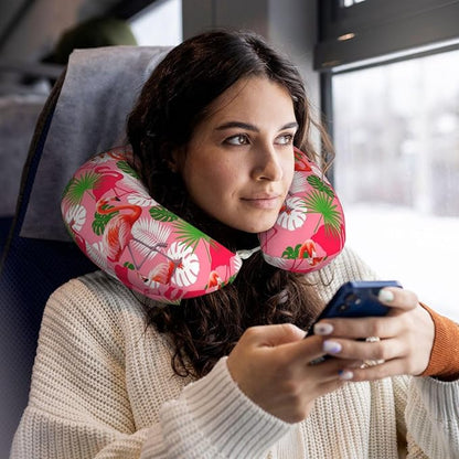 Neck Travel Pillow, Breathable Memory Foam Chin & Head Support Cushion Tropical Palm Leaf Pink Flamingos for Airplane Car Sleeping Rest